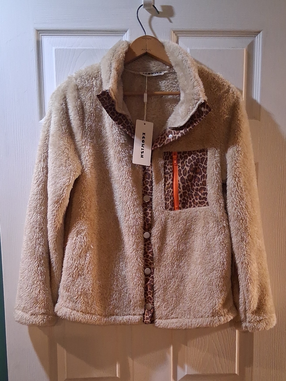 Ecowish Beige Faux-Sherpa Jacket with Leopard Trim and Orange Zip